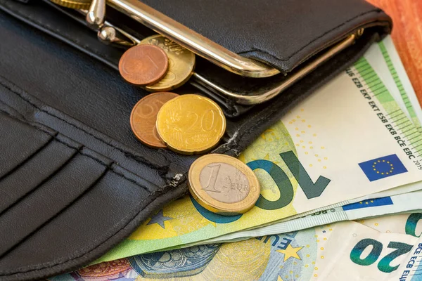 Close View Black Leather Wallet Euro Currency — Stock Photo, Image