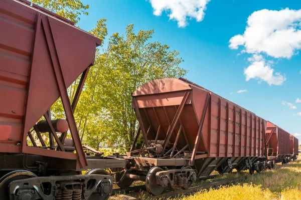 Eisenbahncontainer Mit Schüttgütern Die Lokomotive Zieht Einen Großen Güterzug Sommersonniger — Stockfoto