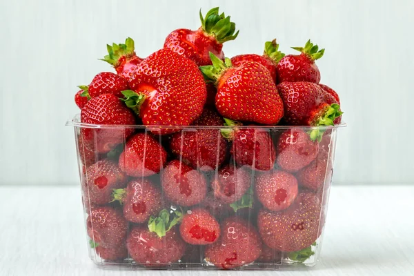 Während Der Erdbeerpflückzeit Ist Die Plastikbox Voller Frischer Erdbeeren — Stockfoto