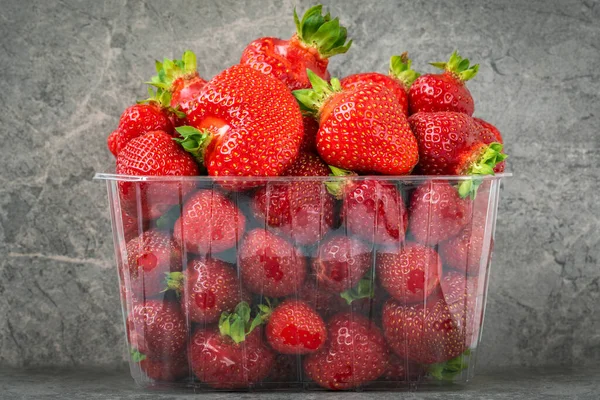 Die Plastikbox Ist Voll Mit Frischen Bio Erdbeeren — Stockfoto