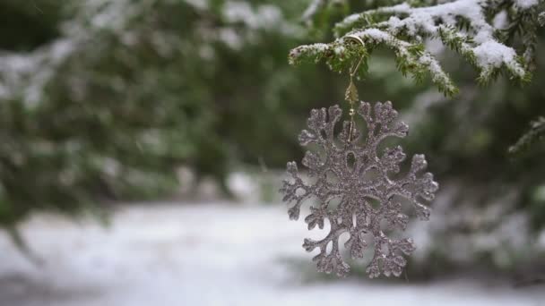 Floco Neve Decoração Natal Pendurado Abeto Nevado Câmera Lenta — Vídeo de Stock