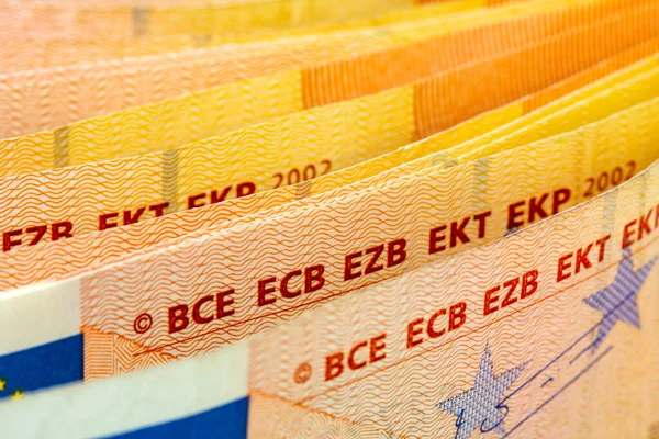 Close Van Vijftig Eurobankbiljetten Rij Selectieve Focus Ondiepe Dof — Stockfoto