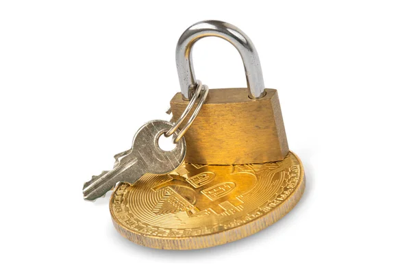 Bitcoin Avec Cadenas Sur Fond Blanc Concept Sécurité Crypto Monnaie — Photo