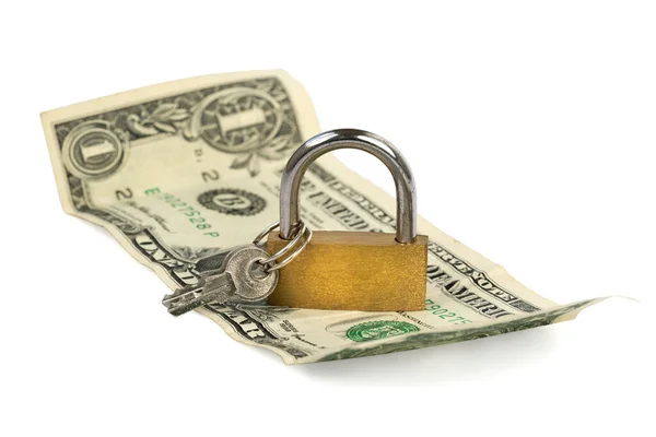 ドルと金の南京錠白い背景に お金と安全保障の概念 — ストック写真