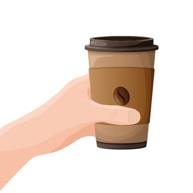 Paket olarak bir fincan kahve tutuyorum. Sıcak bir şeyler içelim. Karton ya da kağıt kahve. Vektör illüstrasyonu beyaz arkaplanda izole edildi.