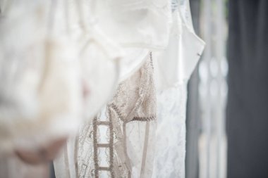 Elegant lacy lingerie on hanger in backlight, lace clothes detal clipart