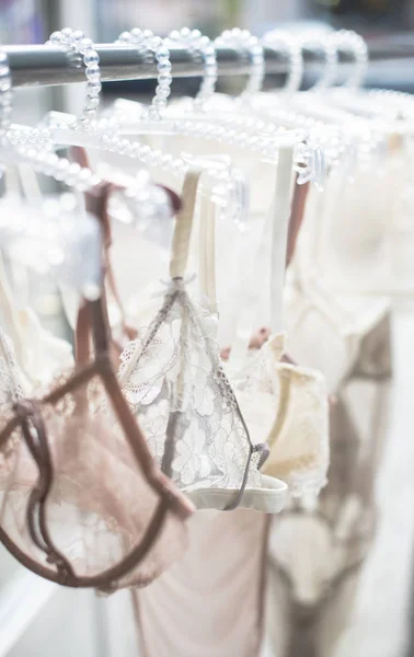 Elegant lacy lingerie on hanger in backlight — Stock Photo, Image