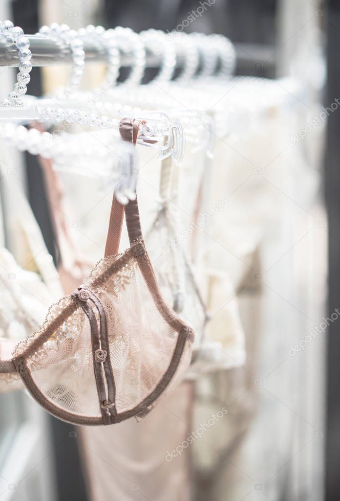 Elegant lacy lingerie on hanger in backlight
