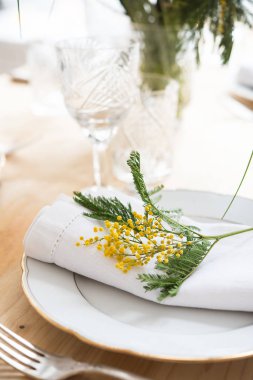 Güzel bahar sofra yeşil yaprakları ve mimoza dalları, parlak beyaz masa akşam yemeği dekorasyonu ile