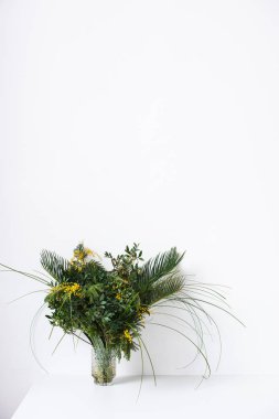 Yeşil yaprakları ve mimoza çiçek ve boş beyaz duvar ile basit buket