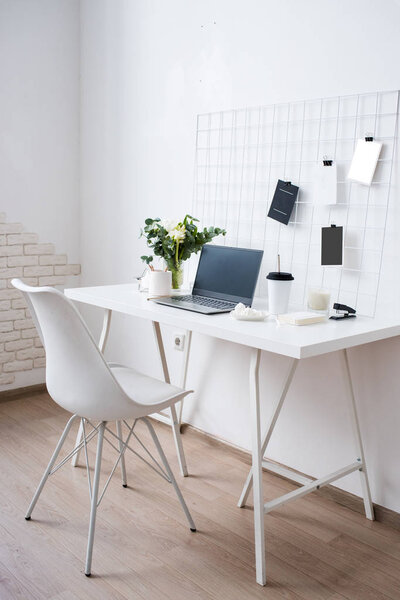 Stylish white professional office interior, minimalist loft workspace