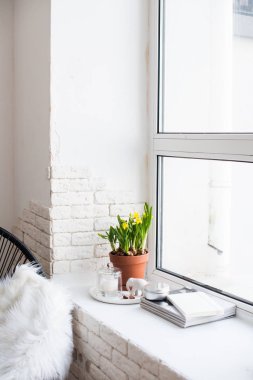 Bahar pencere üzerinde sarı nergis ile ev dekorasyonu 