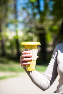 Elinde sağlıklı vejetaryen sokak yemekleri tutan bir kadın. 