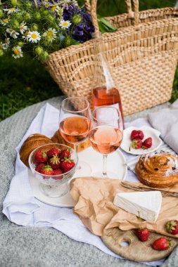 Şehir parkında çim üzerinde çilek, peynir ve gül şarabı ile güzel yaz piknik