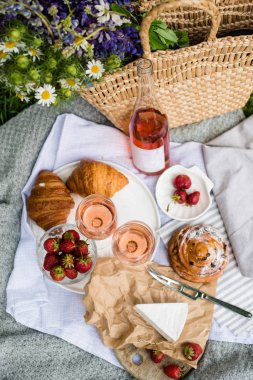 Şehir parkında çim üzerinde çilek, peynir ve gül şarabı ile güzel yaz piknik
