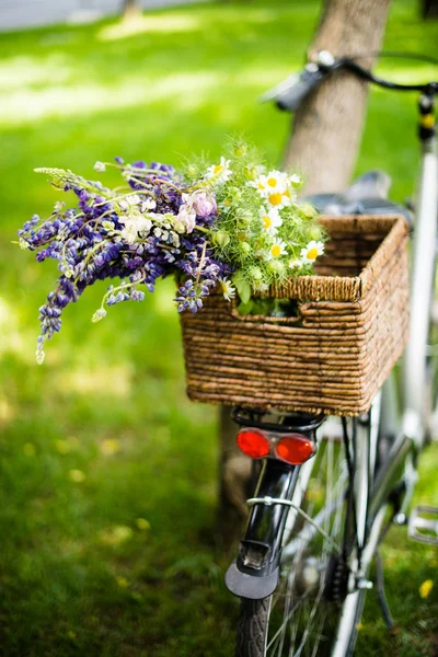New city bicycle with bouquet of flowers in wicker basket — Stock Photo, Image