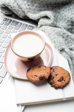 Battaniye ve dizüstü bilgisayar ile kahve güzel emaye pembe fincan