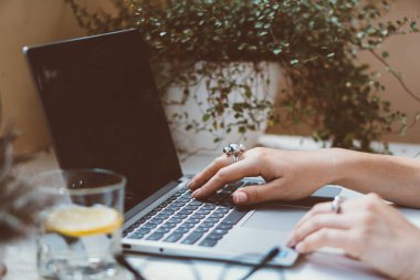 Kadın elleri dizüstü bilgisayarda, rahat iş yerinde.