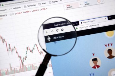Montreal, Kanada - 20 Haziran 2018: Ethereum kripto para birimi ana sayfa. Cryptocurrency hangi şifreleme teknikleri oluşturmak ve fon transferi için kullanılan dijital bir para birimidir. Site - ethereum.org