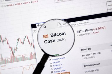 Montreal, Kanada - 20 Haziran 2018: Bitcoin nakit kripto Döviz Alım fiyatı büyüteç altında. Cryptocurrency hangi şifreleme teknikleri oluşturmak ve fon transferi için kullanılan bir dijital para birimidir