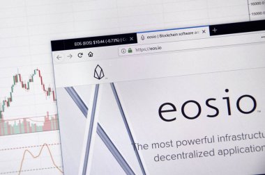 Montreal, Kanada - 20 Haziran 2018: Eos kripto para birimi ana sayfa. Cryptocurrency hangi şifreleme teknikleri oluşturmak ve fon transferi için kullanılan dijital bir para birimidir. Sitesi - eos.io