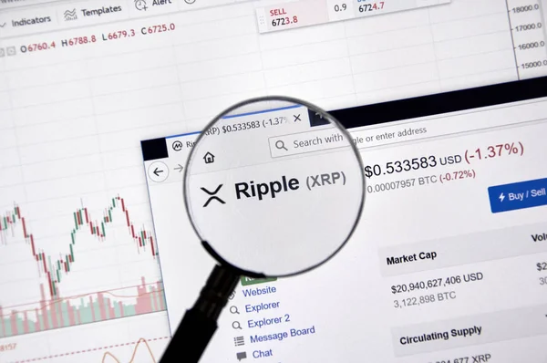 Montreal, Kanada - 20 Haziran 2018: Dalgalanma kripto Döviz Alım fiyatı büyüteç altında. Cryptocurrency hangi şifreleme teknikleri oluşturmak ve fon transferi için kullanılan bir dijital para birimidir.