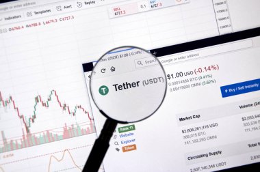 Montreal, Kanada - 20 Haziran 2018: Urgan kripto Döviz Alım fiyatı büyüteç altında. Cryptocurrency hangi şifreleme teknikleri oluşturmak ve fon transferi için kullanılan bir dijital para birimidir.