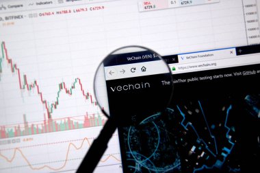 Montreal, Kanada - 20 Haziran 2018: Vechain kripto para birimi ana sayfa. Cryptocurrency hangi şifreleme teknikleri oluşturmak ve fon transferi için kullanılan dijital bir para birimidir. Sitesi - vechain.org
