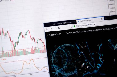 Montreal, Kanada - 20 Haziran 2018: Vechain kripto para birimi ana sayfa. Cryptocurrency hangi şifreleme teknikleri oluşturmak ve fon transferi için kullanılan dijital bir para birimidir. Sitesi - vechain.org