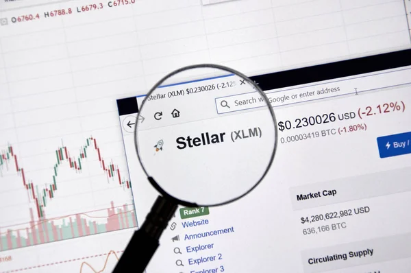 Montreal, Kanada - 20 Haziran 2018: Yıldız kripto Döviz Alım fiyatı büyüteç altında. Cryptocurrency hangi şifreleme teknikleri oluşturmak ve fon transferi için kullanılan bir dijital para birimidir.