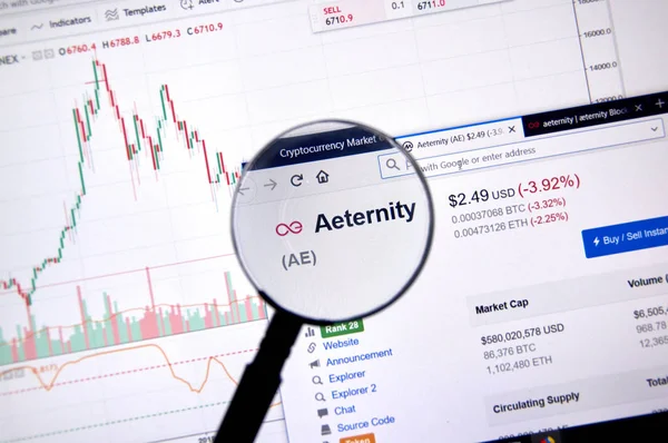 Montreal, Kanada - 20 Haziran 2018: Aeternity kripto Döviz Alım fiyatı büyüteç altında. Cryptocurrency hangi şifreleme teknikleri oluşturmak ve fon transferi için kullanılan bir dijital para birimidir.