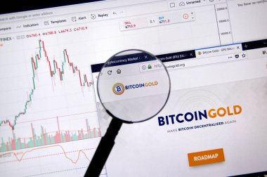 Montreal, Kanada - 20 Haziran 2018: Bitcoin altın kripto para birimi ana sayfa. Cryptocurrency hangi şifreleme teknikleri oluşturmak ve fon transferi için kullanılan dijital bir para birimidir. Sitesi - bitcoingold.org