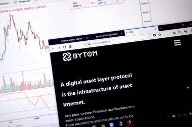 Montreal, Kanada - 20 Haziran 2018: Bytom kripto para birimi ana sayfa. Cryptocurrency hangi şifreleme teknikleri oluşturmak ve fon transferi için kullanılan dijital bir para birimidir. Sitesi - bytom.io