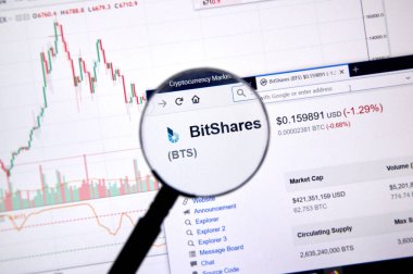 Montreal, Kanada - 20 Haziran 2018: Bitshares kripto Döviz Alım fiyatı büyüteç altında. Cryptocurrency hangi şifreleme teknikleri oluşturmak ve fon transferi için kullanılan bir dijital para birimidir.
