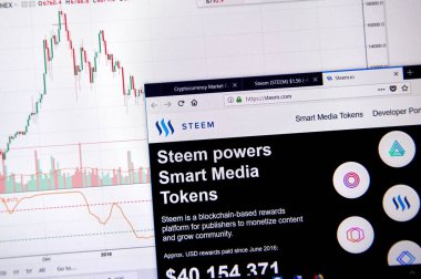 Montreal, Kanada - 20 Haziran 2018: Steem kripto para birimi ana sayfa. Cryptocurrency hangi şifreleme teknikleri oluşturmak ve fon transferi için kullanılan dijital bir para birimidir. Sitesi - steem.com