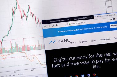 Montreal, Kanada - 20 Haziran 2018: Nano kripto para birimi ana sayfa. Cryptocurrency hangi şifreleme teknikleri oluşturmak ve fon transferi için kullanılan dijital bir para birimidir. Sitesi - nano.org