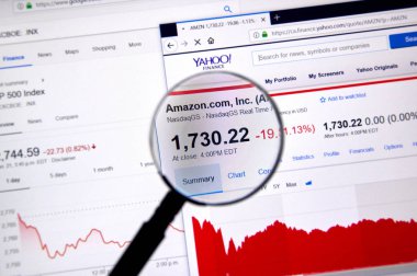 Montreal, Kanada - 22 Haziran 2018: Amazon Amzn senedi ve fiyat hisse Yahoo Finance üzerinde büyüteç altında grafiklerle.