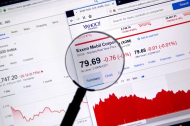 Montreal, Kanada - 22 Haziran 2018: Exxon Mobil Corporation Xon senedi hisse fiyat ve Yahoo Finance üzerinde büyüteç altında grafikler ile.