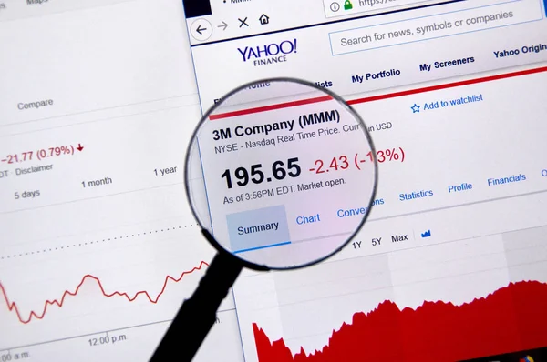Montreal, Kanada - Haziran 10, 2018: 3m şirketi ticker büyüteç altında grafiklerle