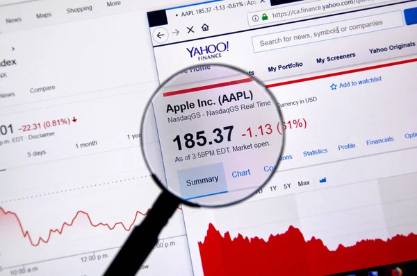 Montreal, Kanada - 22 Haziran 2018: Apple Inc Aapl ticker Yahoo Finance üzerinde büyüteç altında grafiklerle.