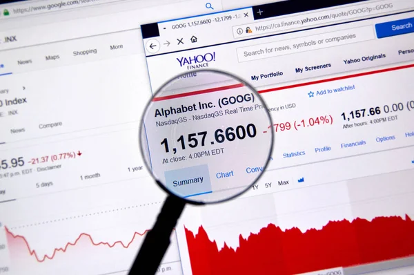 Montreal, Kanada - 22 Haziran 2018: Alfabe Inc Goog senedi hisse fiyat ve Yahoo Finance üzerinde büyüteç altında grafikler ile.