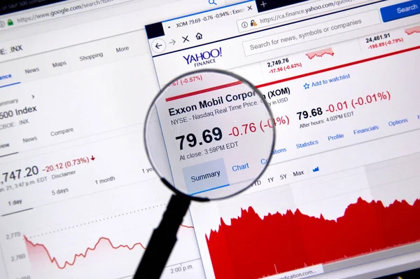 Montreal, Kanada - 22 Haziran 2018: Exxon Mobil Corporation Xon senedi hisse fiyat ve Yahoo Finance üzerinde büyüteç altında grafikler ile.