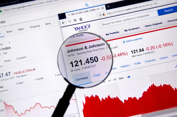 Montreal, Kanada - 22 Haziran 2018: johnson ve johnson Jnj senedi hisse fiyat ve Yahoo Finance üzerinde büyüteç altında grafikler ile.