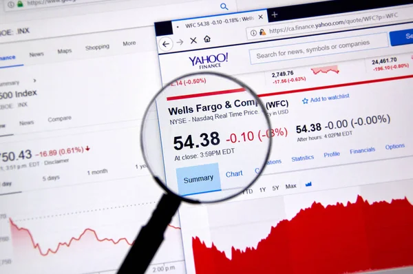 Montreal, Kanada - 22 Haziran 2018: Wells Fargo ve Co Wfc senedi hisse fiyat ve Yahoo Finance üzerinde büyüteç altında grafikler ile.
