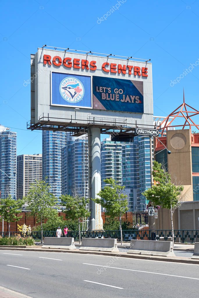 TORONTO, CANADA - JULY 15, 2018: Blue Jays logo on Rogers Centre billboard in Downtown Toronto. The Toronto Blue Jays are a Canadian professional baseball team based in Toronto, Ontario.