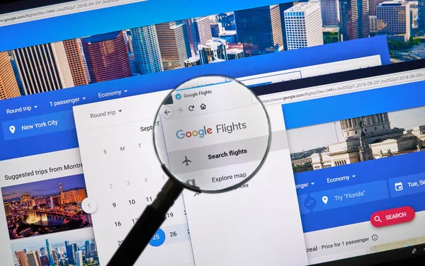 Montreal Canadá Septiembre 2018 Página Vuelos Google Google Flights Servicio — Foto de Stock