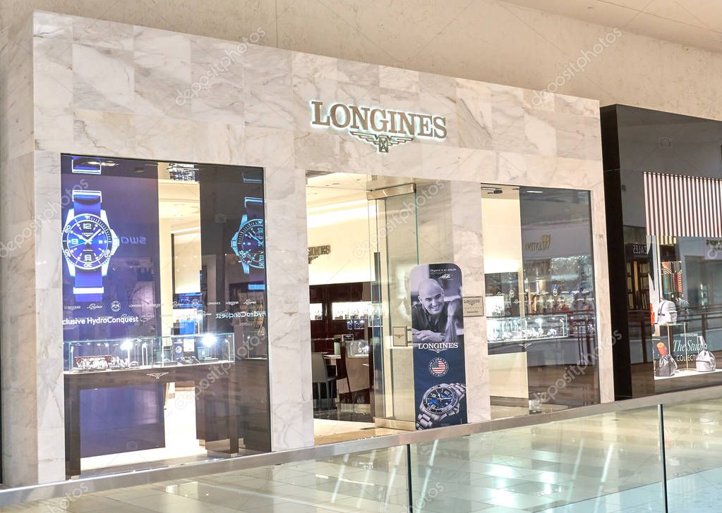 AVENTURA, USA - AUGUST 23, 2018: Longines famous boutique in Aventura Mall. Longines is a Swiss luxury watchmaker founded by Auguste Agassiz