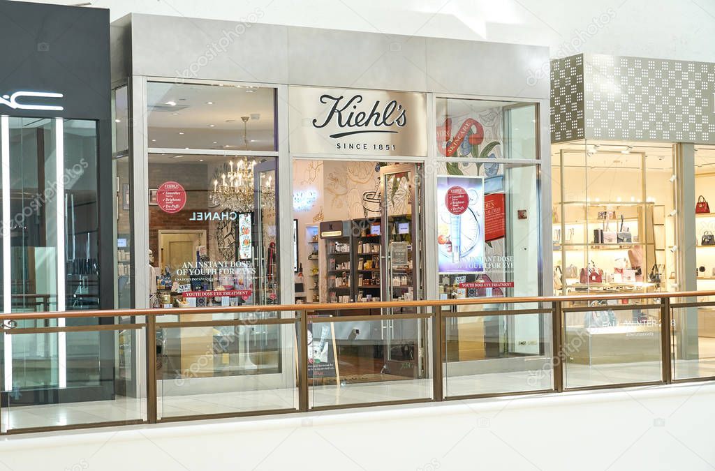 AVENTURA, USA - AUGUST 23, 2018: Kiehl's famous boutique in Aventura Mall. Kiehl's is an American cosmetics brand retailer that specializes in premium body care products