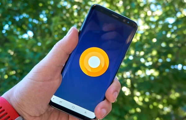 Montreal, Kanada - 28 Ağustos 2018: Android Oreo Samsung logo s8 ekran bir elinde.