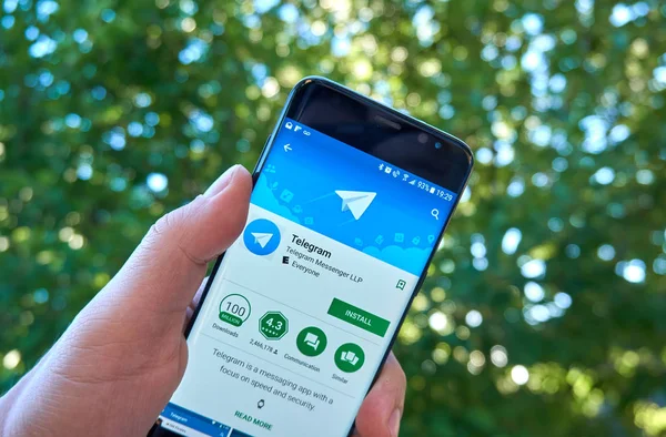Montreal, Kanada - 28 Ağustos 2018: Telgraf android app Samsung s8 ekranında bir elinde.